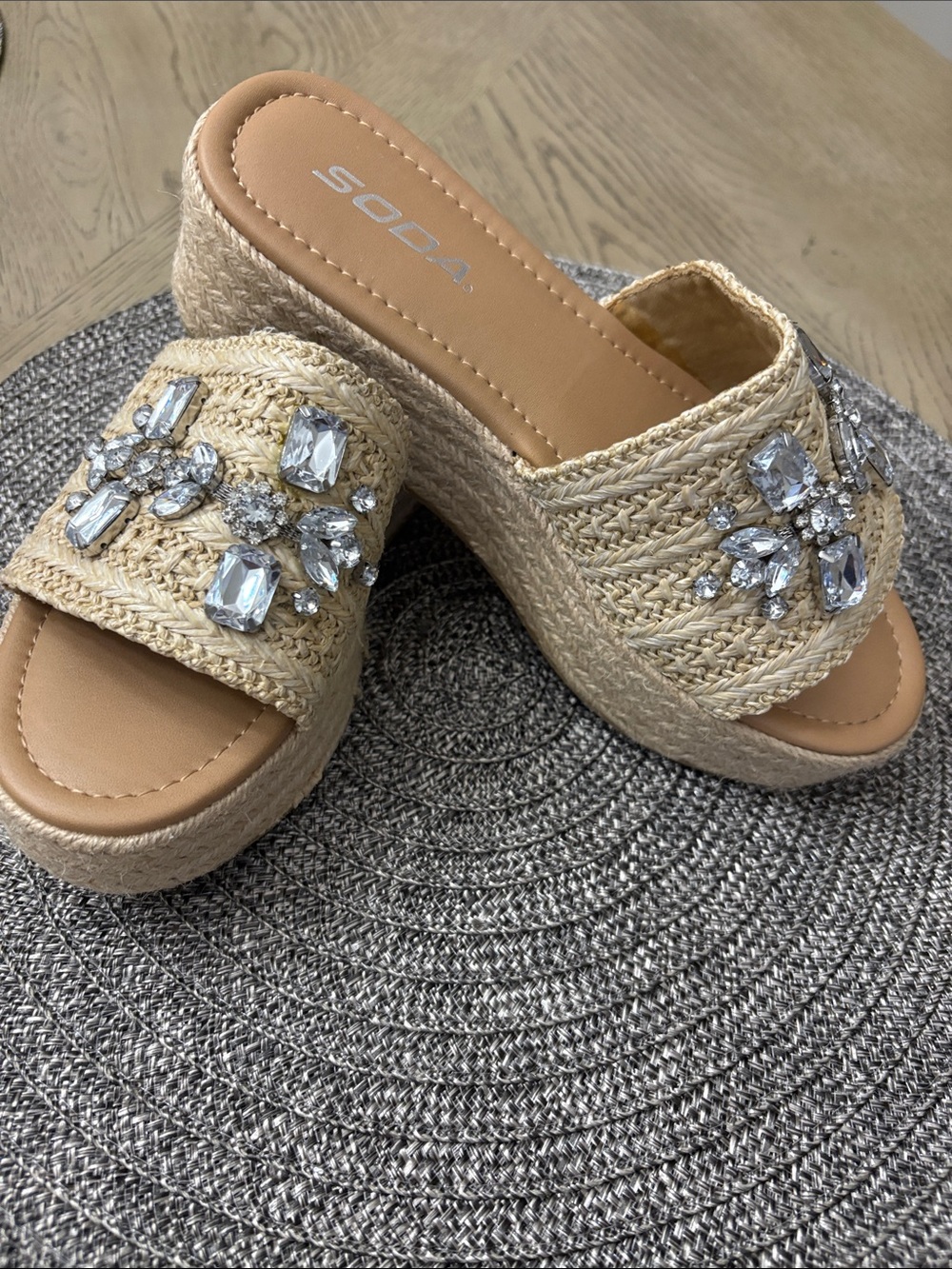 SODA Beige Jeweled Espadrille Platform Slides